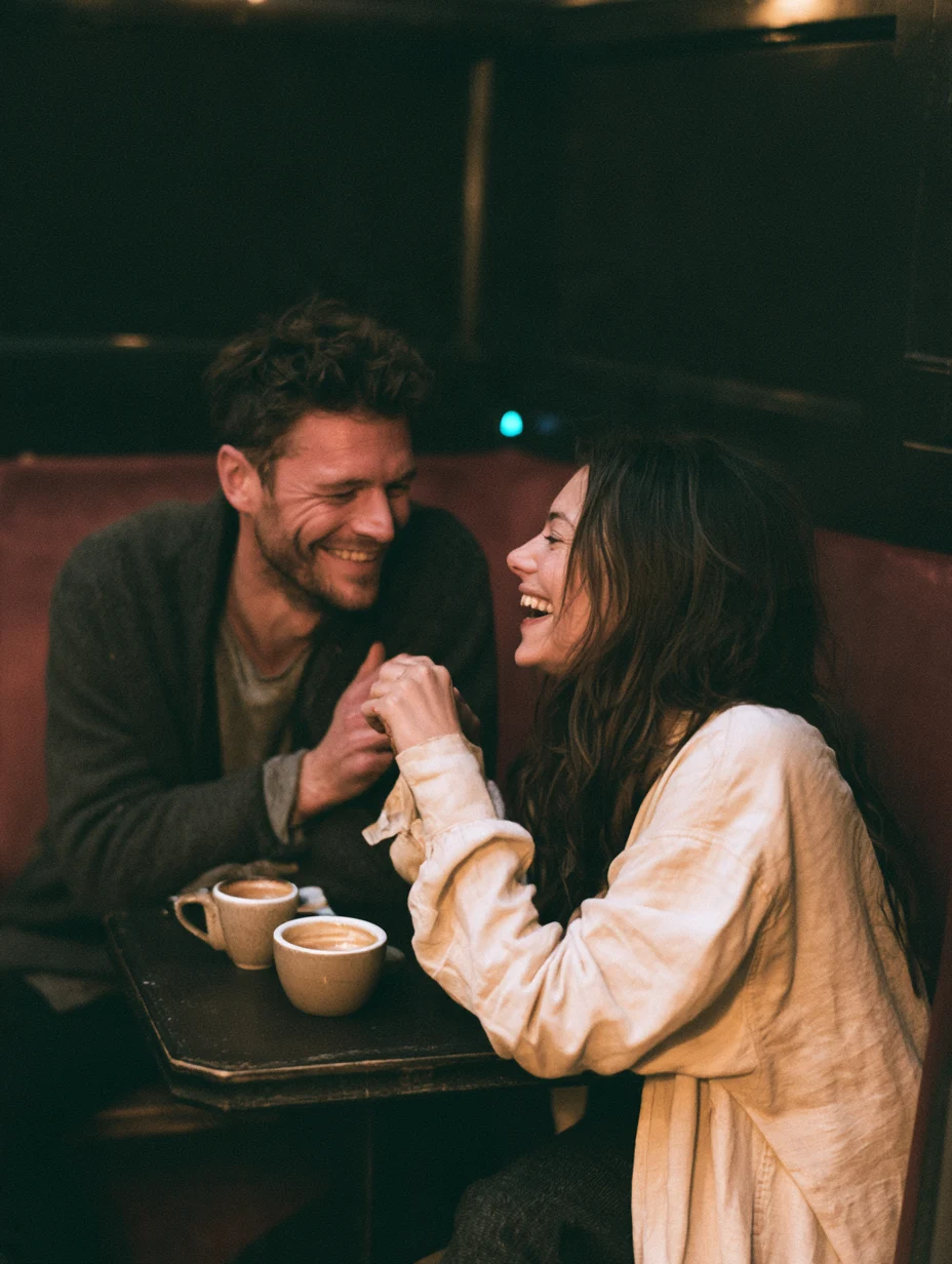 Illustration of a couple laughing together over coffee.
