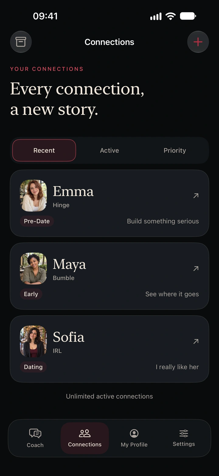 Only Match connections list showing Emma, Maya, and Sofia with their photos.