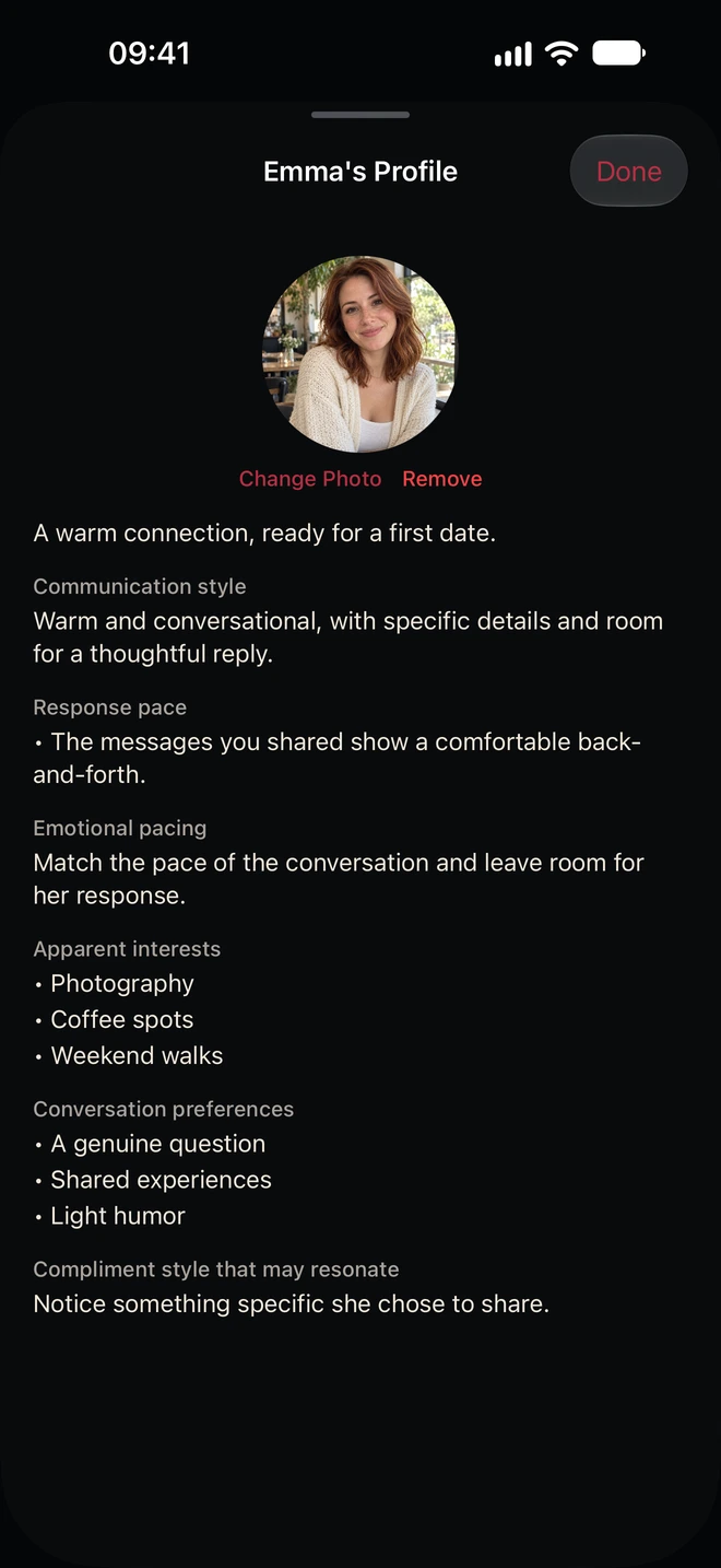 Only Match connection profile for Emma, with interests and conversation context.