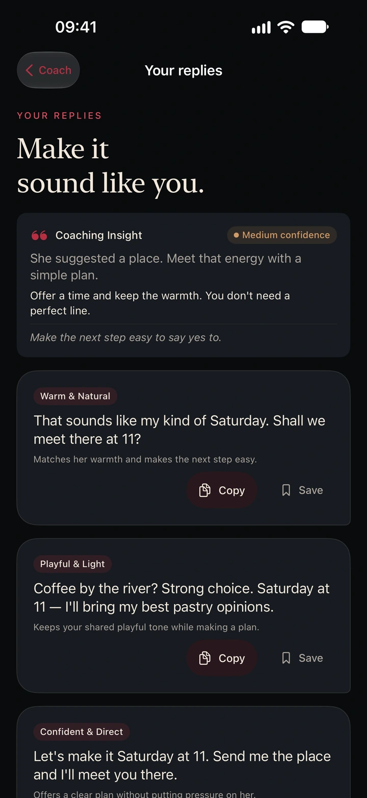 Only Match reply suggestions in warm, playful, and direct tones.